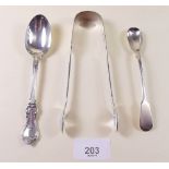 A George Adams silver tear drop spoon 1857, George Adams sugar tongs 1848 and similar teaspoon 1850