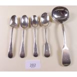 A silver sauce ladle 17.6cm and four various silver teaspoons, 145g total