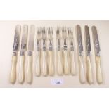 A Victorian ivory handled and silver plated fruit cutlery set, cased