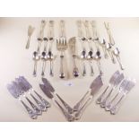 A twelve place setting silver plated fish cutlery set, fish servers and various silver plated