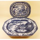 An early 19th century blue and white meat plate printed Chinoiserie scenes impressed 'Turner' to