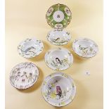 Five bowls hand painted birds by M Hadgett (one restored), a Noritake plate and a nursery plate