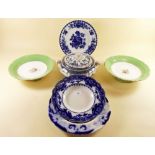 A Booths blue and white tureen, three Victorian blue and white plates and two green dessert