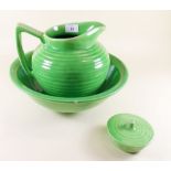 A Shorter and Sons 1930's green toiletry jug and bowl and soap dish