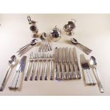 A silver plated six place setting cutlery set complete and silver plated apple preserve pot, jug and