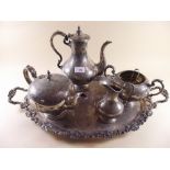 A Victorian silver plated four piece engraved tea and coffee set and heavy silver plated tray with