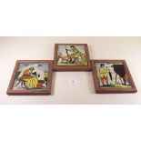 Three framed Northern European pottery tiles including one depicting early photography - 15cm