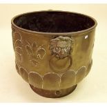 A Victorian copper coal bucket with embossed decoration and lion mask handles, a/f