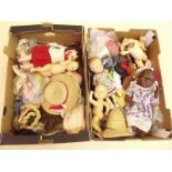 Two boxes of various dolls, clothes and shoes