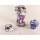 A 19th century porcelain group of couple under parasol, a Crown Staffordshire pot and a small blue