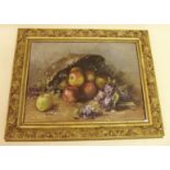 A large oil on canvas still life apples and violets - 39 x 55cm, in gilt frame