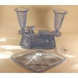 A blue glass dressing table set - one vase a/f, another tray , pair of blue vases etc