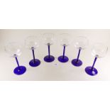 A set of six blue stemmed hock glasses