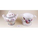 A large Victorian floral painted loving cup dated 1856 and a large Victorian Ridgways sucrier