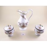 A Victorian Mintons jug 22cm and a pair of Vienna style porcelain lidded pots painted butterflies