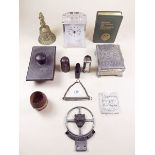 A group of small collectables including a dog whistle, travel inkwell, savings bank etc