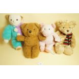 A Merrythought jester bear, a Harrods pig, a wind-up Blossom toy vintage teddy and another soft