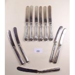 A set of six silver handled tea knives, Sheffield 1919 and another set a/f