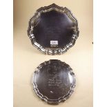 A silver piecrust edge salver with engraved presentation - 20cm diameter, 266g and another with four