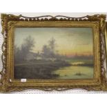 G Cole - oil on canvas river landscape at sunset - 39 x 60cm - in ornate gilt frame