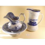 A Victorian matched blue and white toiletry jug and bowl and another toiletry jug