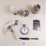 A box of assorted silver items including corkscrew, cruets etc