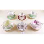 Six various decorative teacups and saucers