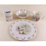 A Bunnykins mug, bowl, plate and moneybox