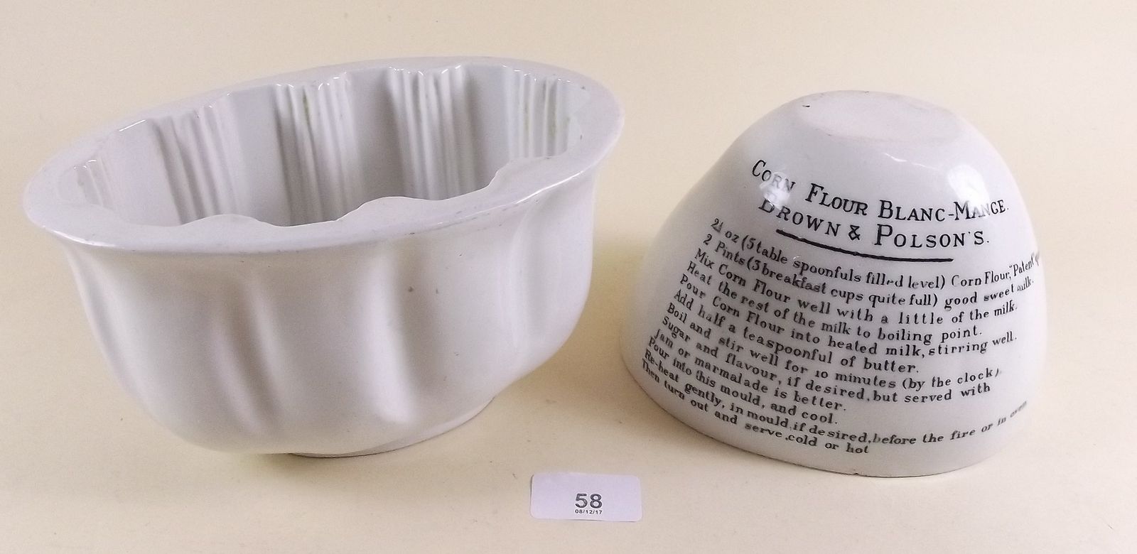 A Brown and Polson's jelly mould with printed recipe for "Cornflower Blanc-Mange" and another