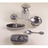 Three cut glass dressing table jars with silver lids, a small silver dish etc