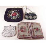 Two beaded evening bags and two petit point embroidered bags