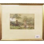 C H Lucy - watercolour gentleman fishing on a riverbank with girl watching - 11 x 18cm
