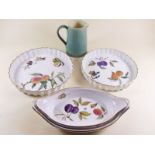 Two Royal Worcester Evesham flan dishes, two oval dishes and a Derby jug