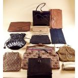 A group of evening bags, leather wallet, leather handbags etc