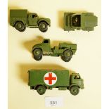 A Dinky Military Ambulance 626, Army Water Tanker 643, Army One Ton Truck 641 and Scout Car 673