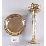 A silver pin dish on three ornate feet London 1924 and a small vase Sheffield 1904 16cm