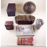 A box of collectables including Huntley and Palmers globe biscuit tin, coins etc