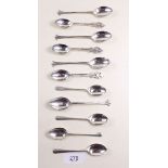 Eleven various silver coffee spoons - 100g