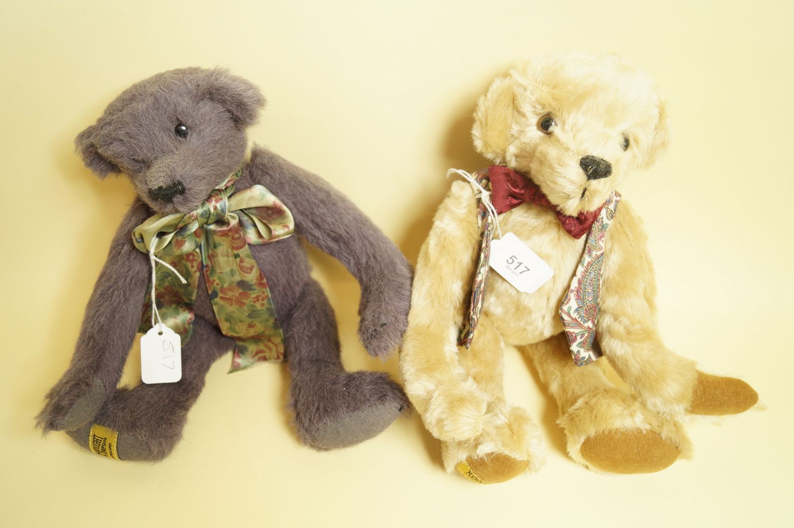 A Merrythought lavender bear and another Merrythought bear with waistcoat