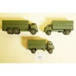 A Dinky Army wagon No 623 and two trucks No 621 and 622