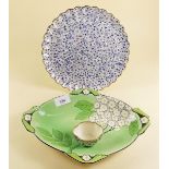 A Spode blue chintz floral plate and pot and a Burleigh Ware green Art Deco dish