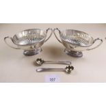 A pair of George III silver half reeded salts and spoons, London 1809 and 1810 by George Smith and