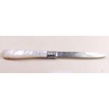 A silver paperknife with mother of pearl handle - the blade cut down