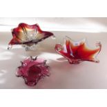 Three Murano Studio glass dishes in red and pink
