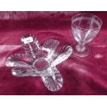A large cut glass engraved goblet, 16cm high and a heavy flower form studio glass bowl 25cm dia