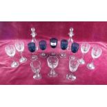 A set of five turquoise sherry glasses and various other drinking glasses