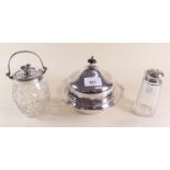 A cut glass and silver plated preserve pot, a muffin dish and silver topped sugar caster