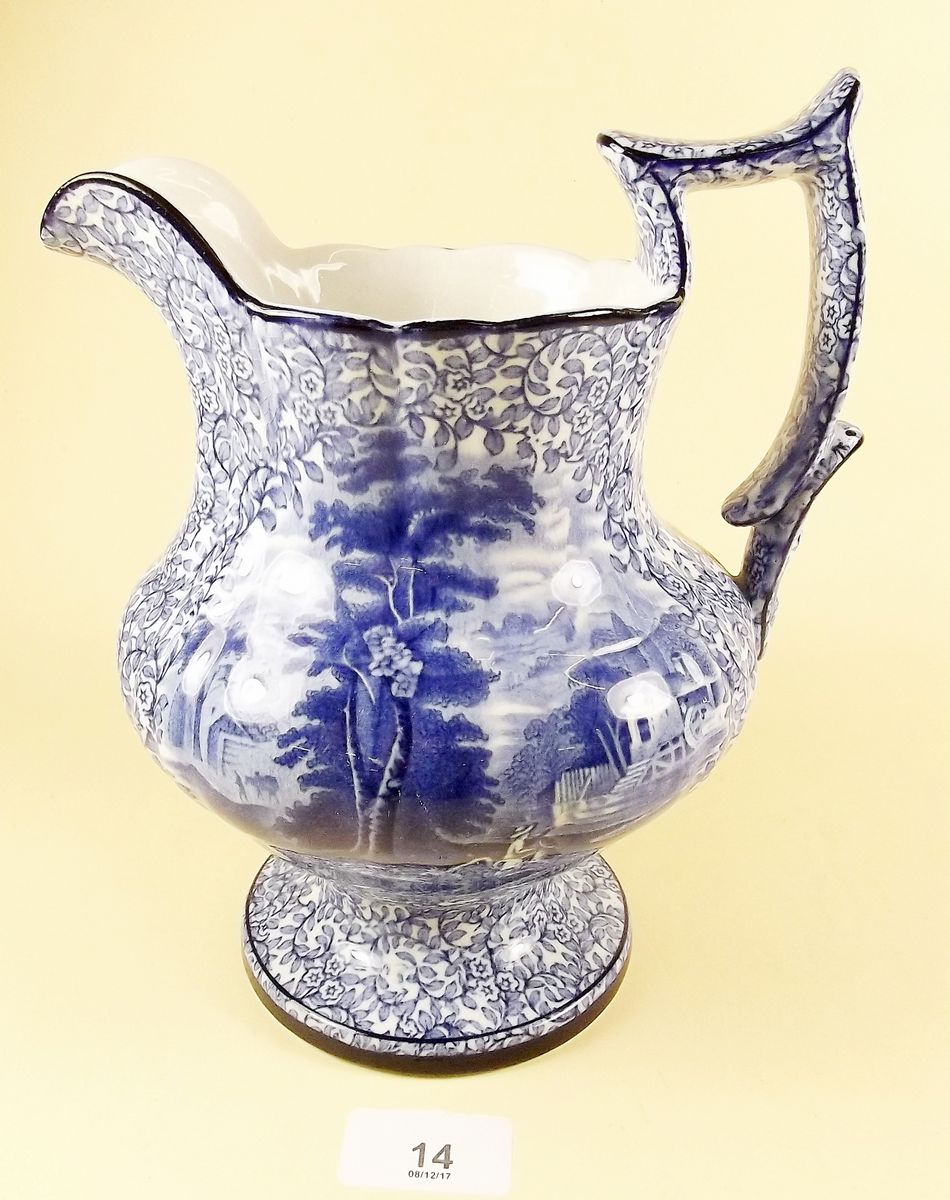 A Foley Ware blue and white jug by J Kent, 23cm high