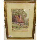 Attributed Leonard Ward - watercolour cottage with figures - 25 x 18cm