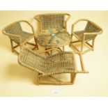 A suite of vintage dolls wicker furniture comprising table, two chairs and reclining chair